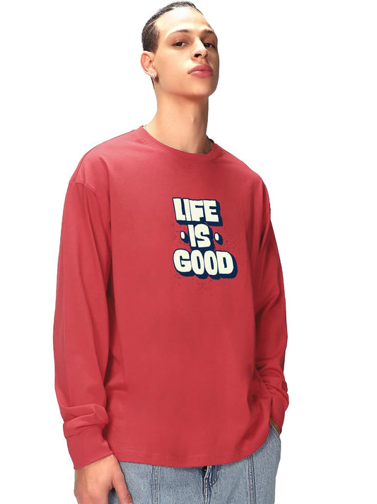 Bewakoof MenS Typography Oversized Fit Full Sleeve Round Neck Cotton T-Shirt_1500934_Red_M