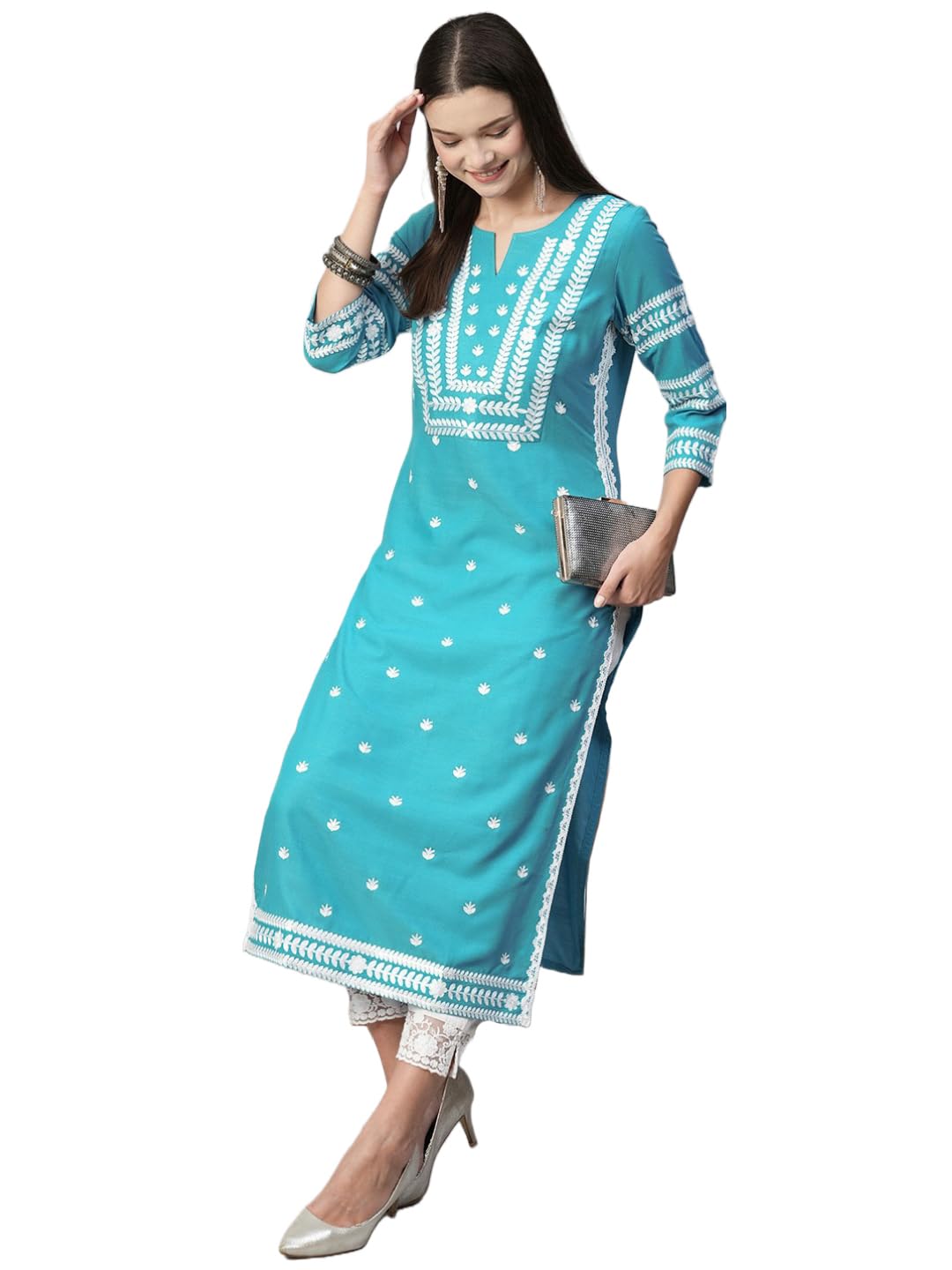 Anni Designer WomenS Cotton Blend Chikankari Embroidered Straight Kurta (Stho-Sky Blue_M_Sky Blue_Medium)