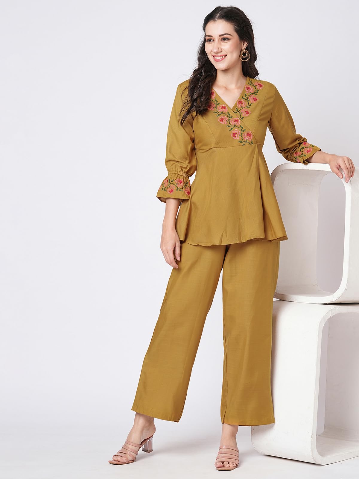 Selvia Co-ords Set for Women|Cotton Blend Tunic & Trouser Set|Ethnic Co-ords Set for Women|Embroidery Work Two Piece Co-ord Set(