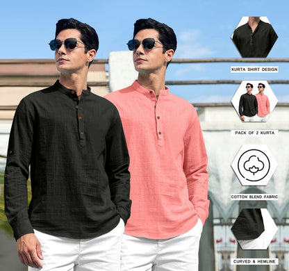 ROYALSCOUT Combo of Mens Solid Cotton Blend Full Sleeve Straight Kurta Shirt (Pack of 2) Black-Peach