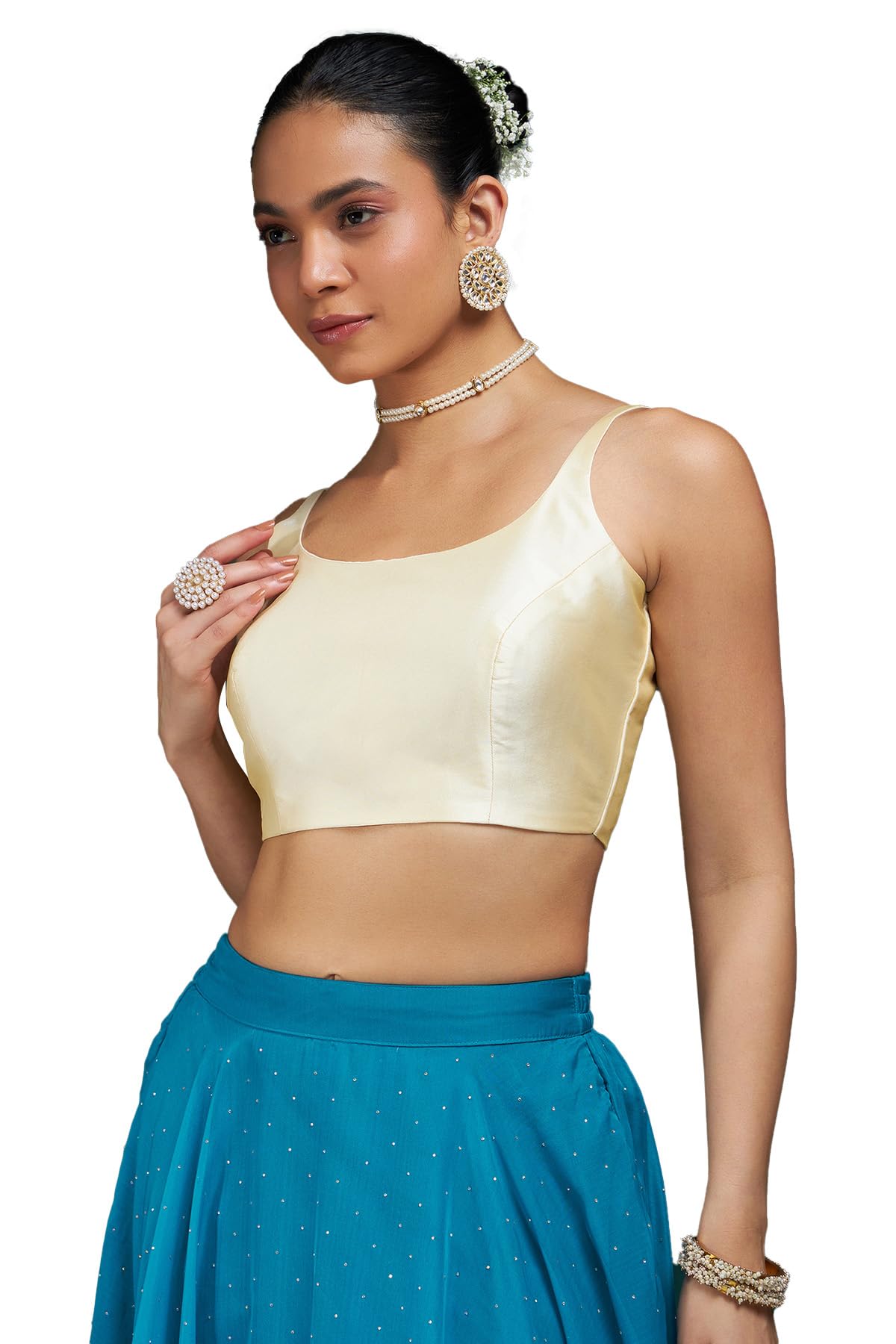 Soch Womens Cream Taffeta Solid Sleeveless Padded Blouse