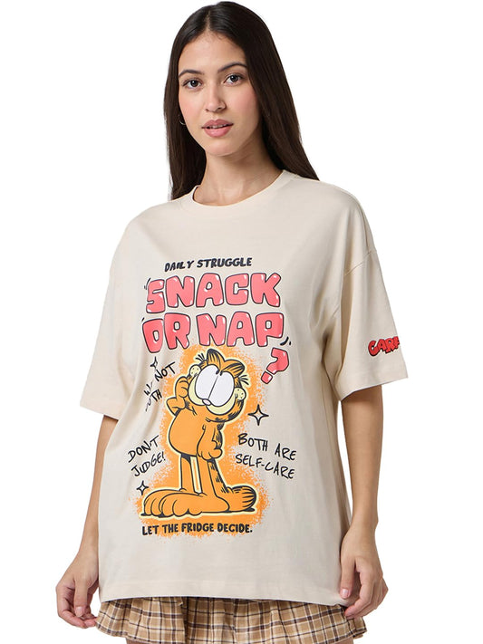 Bewakoof Official Garfield Merchandise Womens Graphic Print Oversized Fit Half Sleeve Round Neck Cotton T-Shirt_677570_Beige_2X
