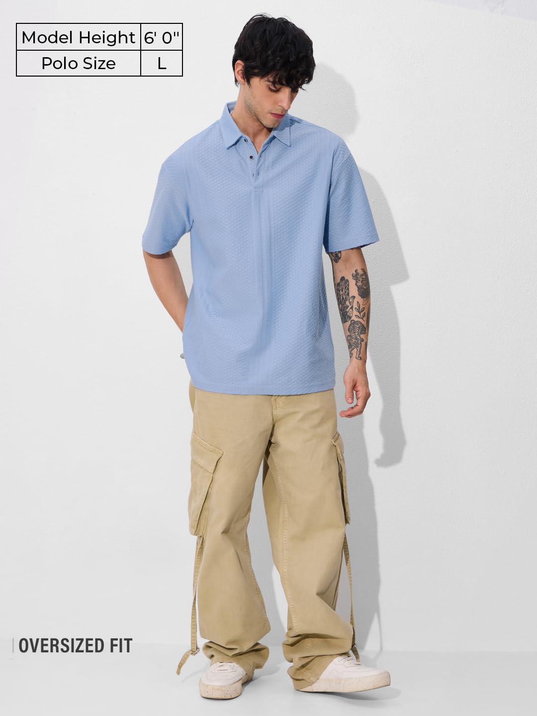The Souled Store Textured Polo: Aqua Men and Boys Short Sleeves Collared Neck Cotton Blend Oversized Polos