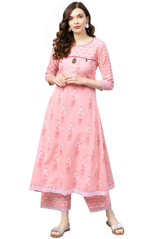 ishin Women's Pure Cotton Anarkali Printed Thread Work Floral print Pink Kurta suit set with Palazzo