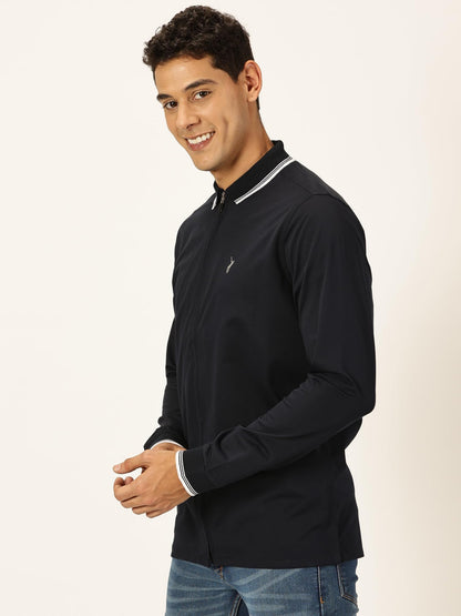 Thomas Scott Full Sleeve Spread Collar Solid Color Jacket with Ribbed On Sleeve for Men Navy