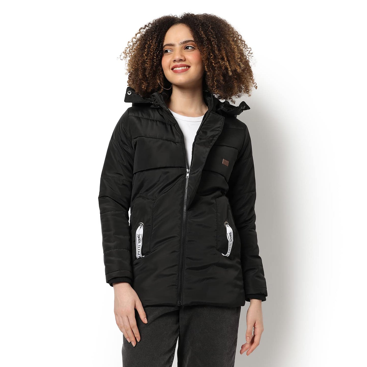 Campus Sutra Women Black Hooded Puffer Regular Fit Bomber Jacket For Winter Wear | Standing Collar | Full Sleeve | Zipper | Casu