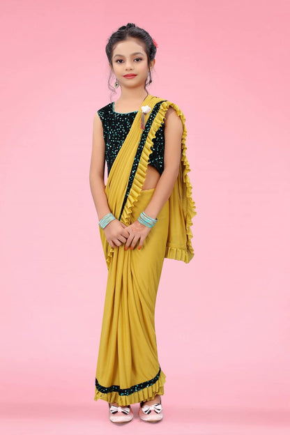 Dhyey Fashion GirlS Lycra Blend Ruffle Saree And Velvet Unstitched Blouse Piece | Readymade Saree For Girls | Girl Ruffle Yello