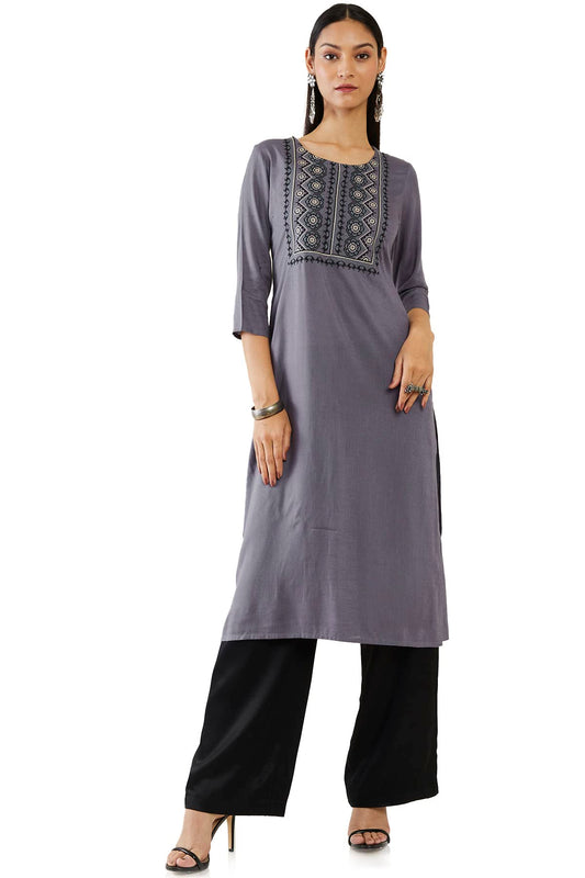 Soch Women Grey Rayon Embroidered Kurta