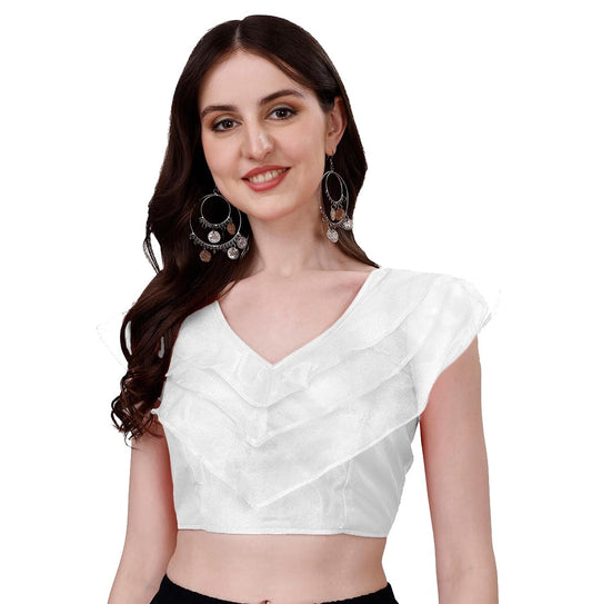 Vihu Fashion WomenS V Neck Orgenza Three Layer Ruffle Sleeve Frill Readymade Saree Blouse
