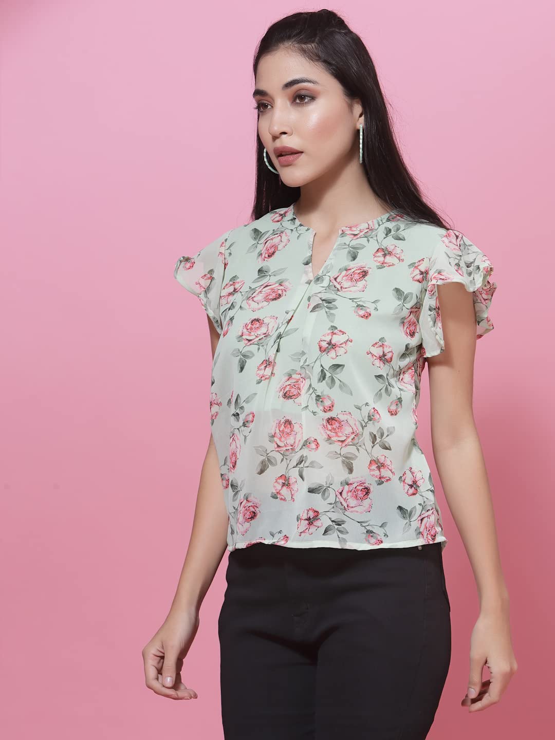 OOMPH! Womens Georgette Printed top with Keyhole Neck and Flutter Sleeve