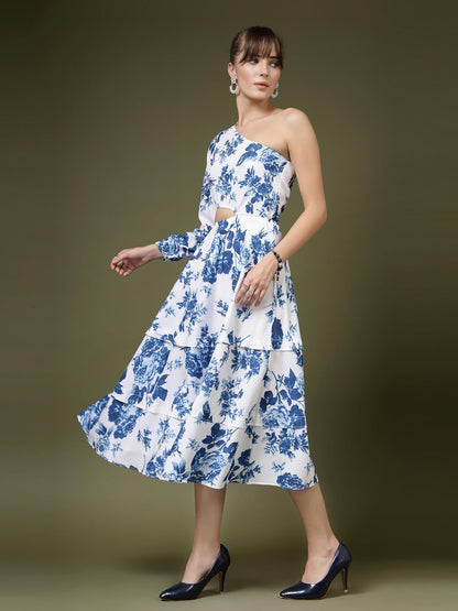 Oomph! WomenS Western & Fusion Wear Printed Crepe Dress For Women, One Shoulder, White - Md1071
