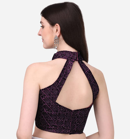 Pujia Mills WomenS Wine Sleeveless Blouse For Women Halter Neck Chickenkari Sequins Work Readymade Saree Blouse (Diamond Halter