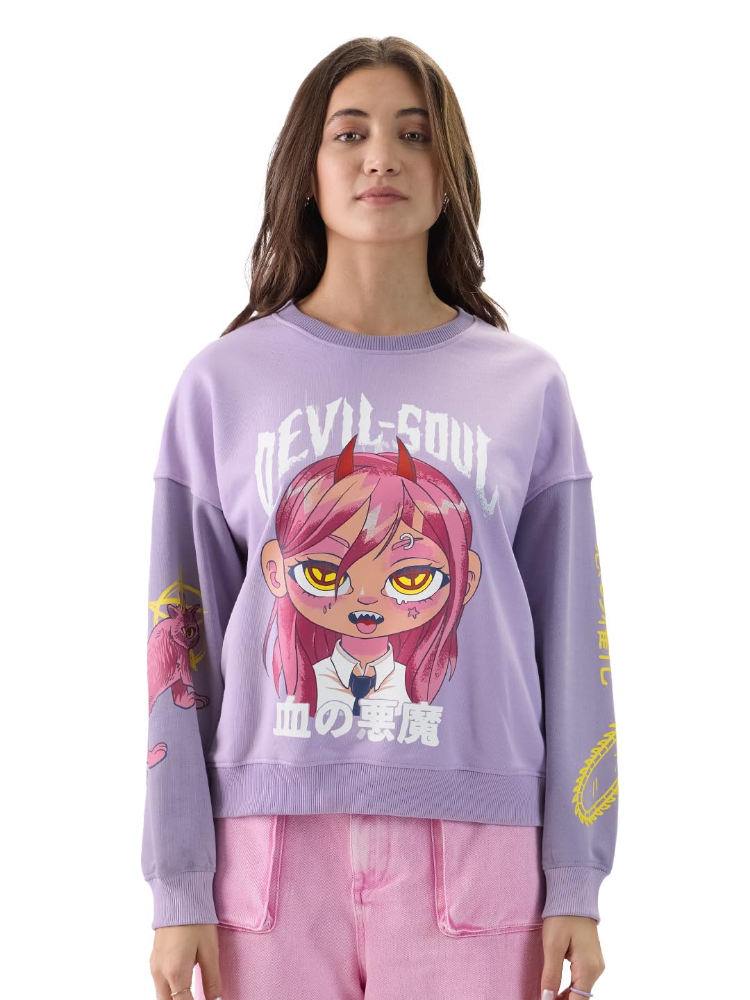The Souled Store Devil Soul Women and Girls Long Sleeve Round Neck Purple Graphic Print Oversized Fit Sweatshirts