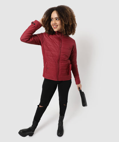 Campus Sutra Womens Red Puffer Regular Fit Bomber Jacket For Winter Wear | Low-Cut Standing Collar | Full Sleeve | Zipper | Cas