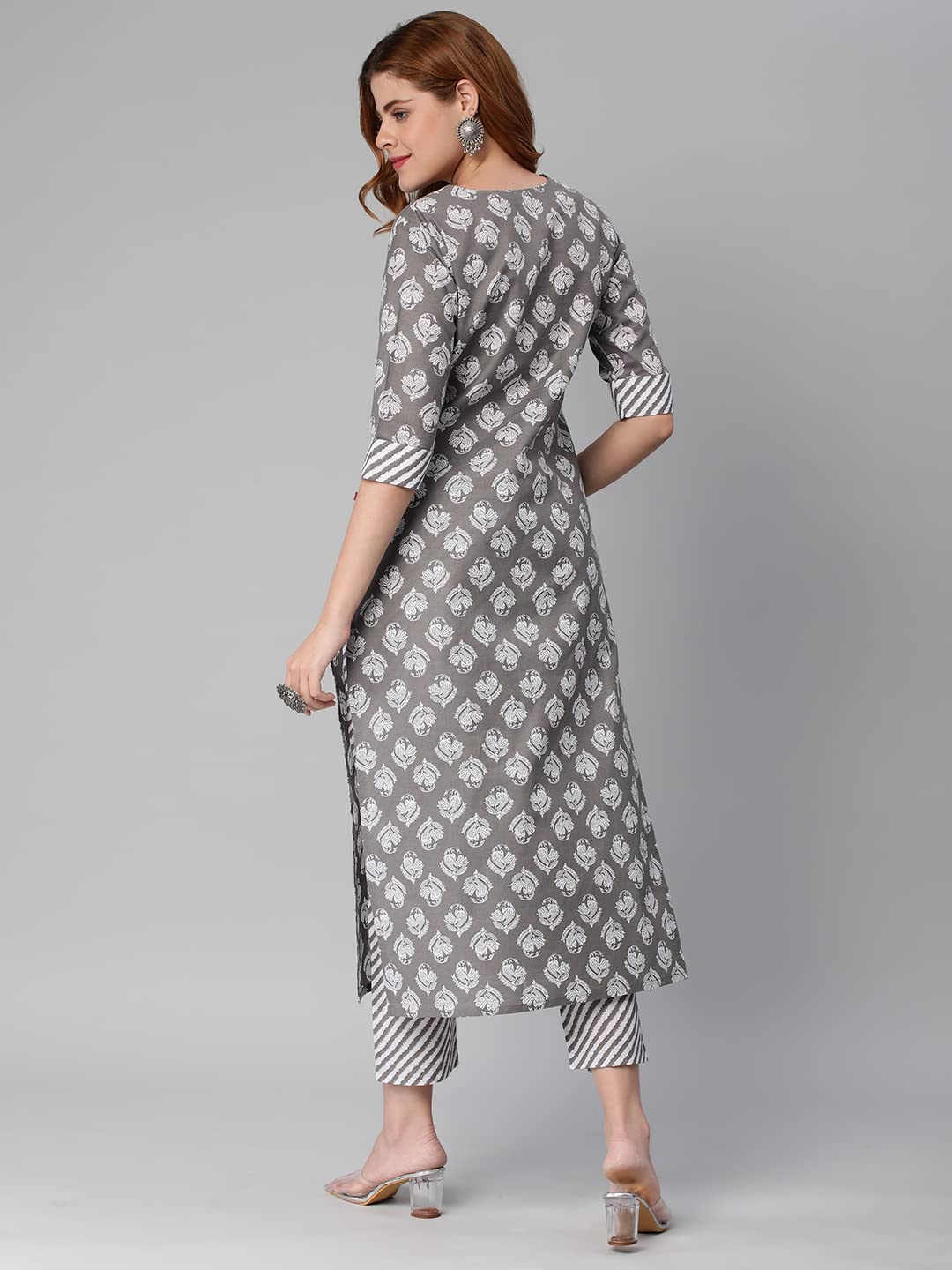 GoSriKi Women's Cotton Blend Printed Straight Kurta with Pant (Funnu Brown-Nw5-GS)