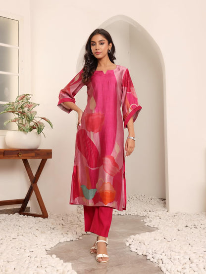 Varanga Women Fuchsia Pink Abstract Printed Straight Kurta With Trousers  Stylish Ethnic Set