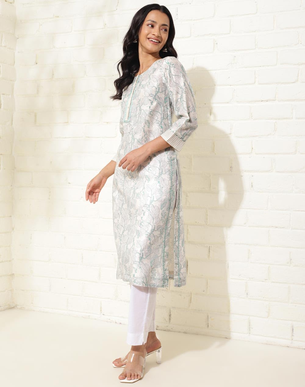 Fabindia WomenS Cotton Silk Printed Regular Kurta (1037288Natural- Natural-Green