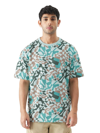 The Souled Store Blue Ripples Men and Boys Round Neck Short Sleeve All Over Print Cotton Oversized Fit T-Shirts