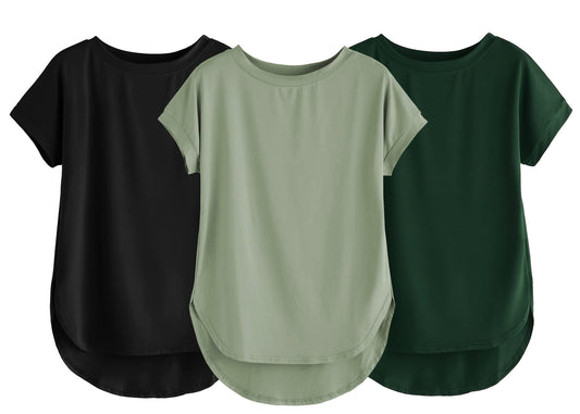 Fabricorn Combo Of Three Plain Bottle Green, Black And Sage Green Round Neck Up And Down Cotton Tshirt For Women (Bottle Green,
