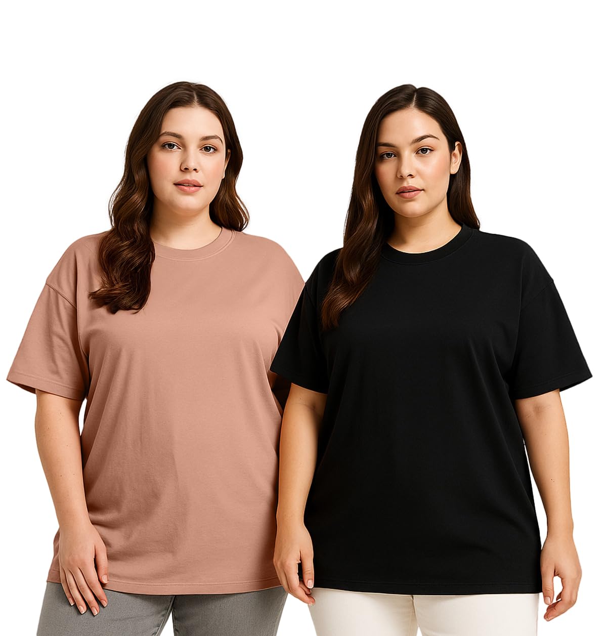 Juneberry 100% Pure Cotton Oversized Baggy Fit Drop Shoulder Solid Core Plus Size T-Shirt Combo For Women (Pack Of 2) (Po2_Jb_Ps
