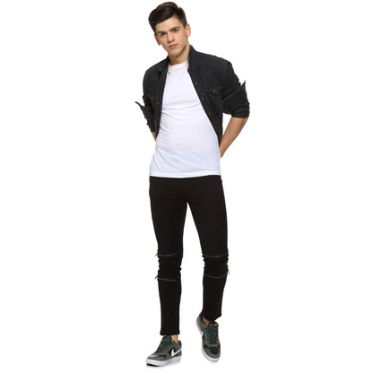 Campus Sutra Mens Black Zip Detail Slim Fit Denim Jeans | Stretchable Cotton Mid-Rise Denim Jeans Crafted with Comfort Fit and