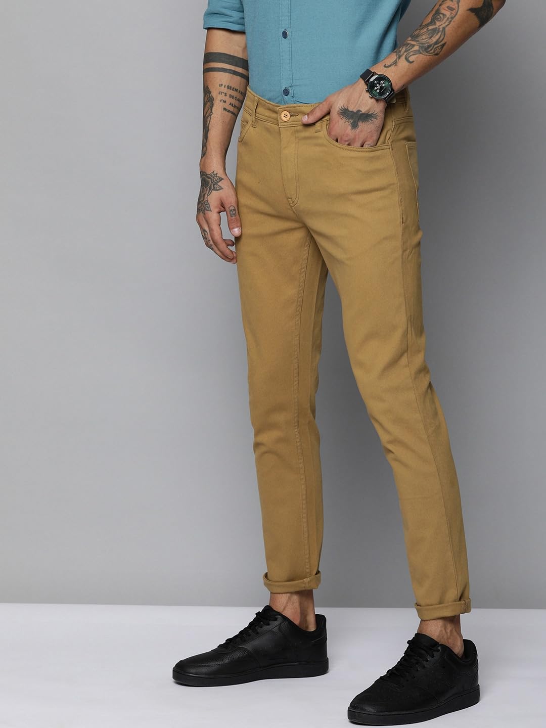 The Indian Garage Co Men Slim Fit Solid Mid-Rise Chinos Khakhi