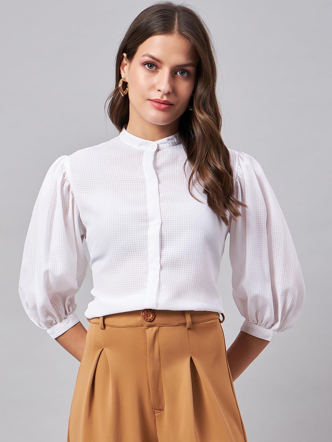 Style Quotient Women White Self Design Polyester Semi Formal Shirt.