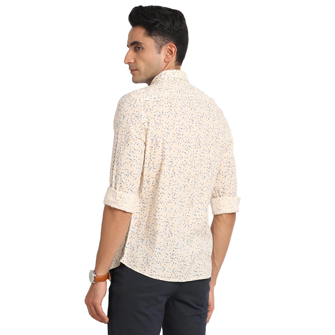 Turtle Men 100% Cotton Slim Fit Cream Printed Casual Shirt