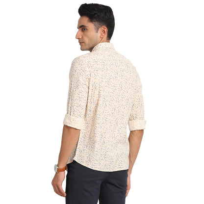 Turtle Men 100% Cotton Slim Fit Cream Printed Casual Shirt