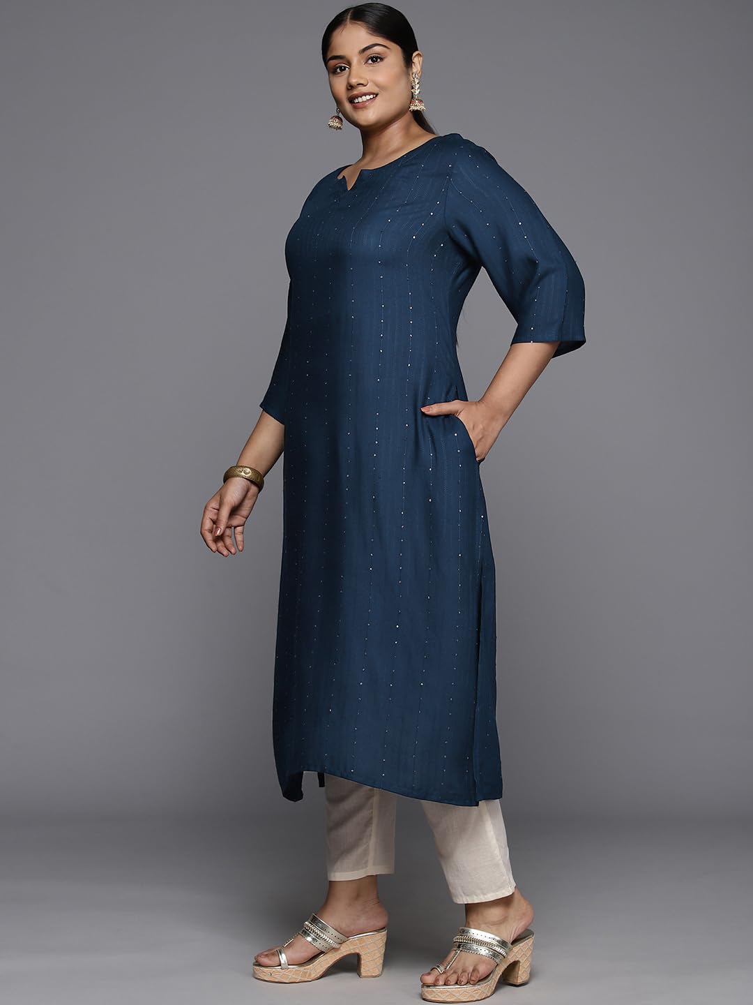 Extra Love By Libas Women'S Rayon Embroidered Straight Kurta (25316_Blue)