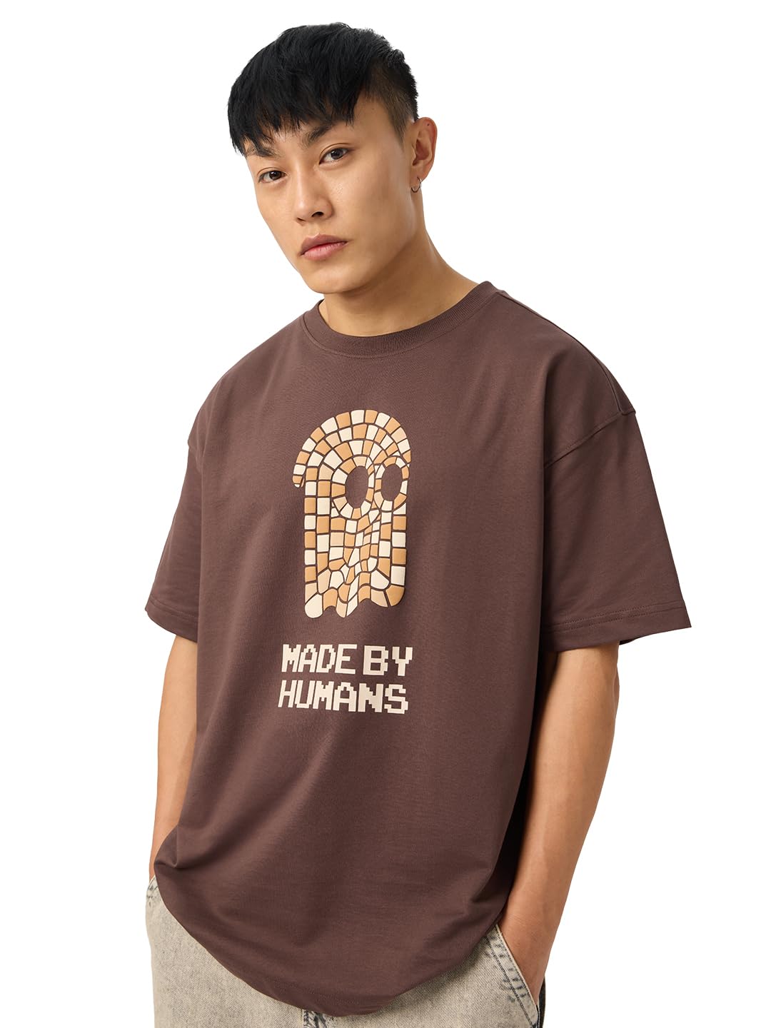 The Souled Store Originals : Mosaic Mens and Boys Oversize Fit Half Sleeves Cotton T-Shirt Brown