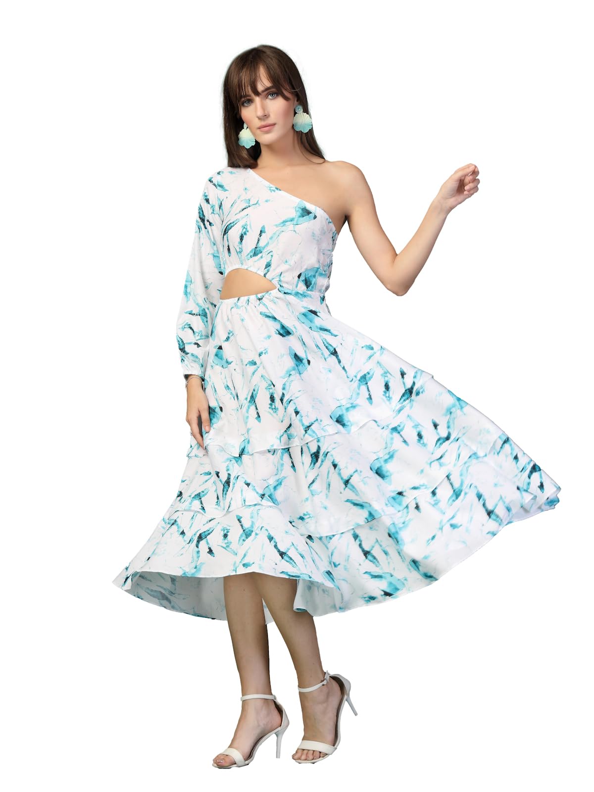 Oomph! WomenS Western & Fusion Wear Printed Crepe Dress For Women, One Shoulder, Blue - Md1081