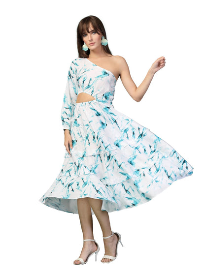 Oomph! WomenS Western & Fusion Wear Printed Crepe Dress For Women, One Shoulder, Blue - Md1081
