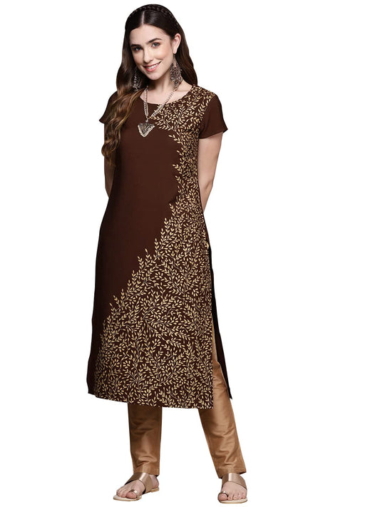 ZIYAA Regular Women's Brown Crepe Straight Kurta