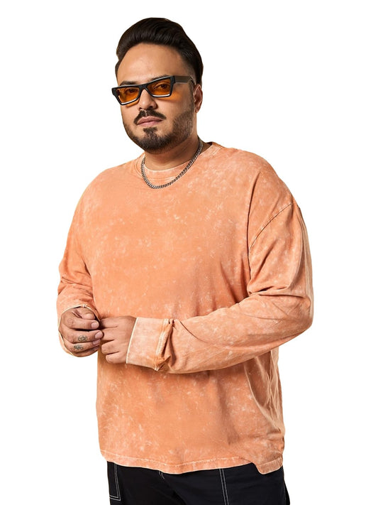 Bewakoof MenS Self Design Oversized Fit Full Sleeve Round Neck Cotton Jersey Plus Size Acid Wash T-Shirt_624632_Orange_4Xl