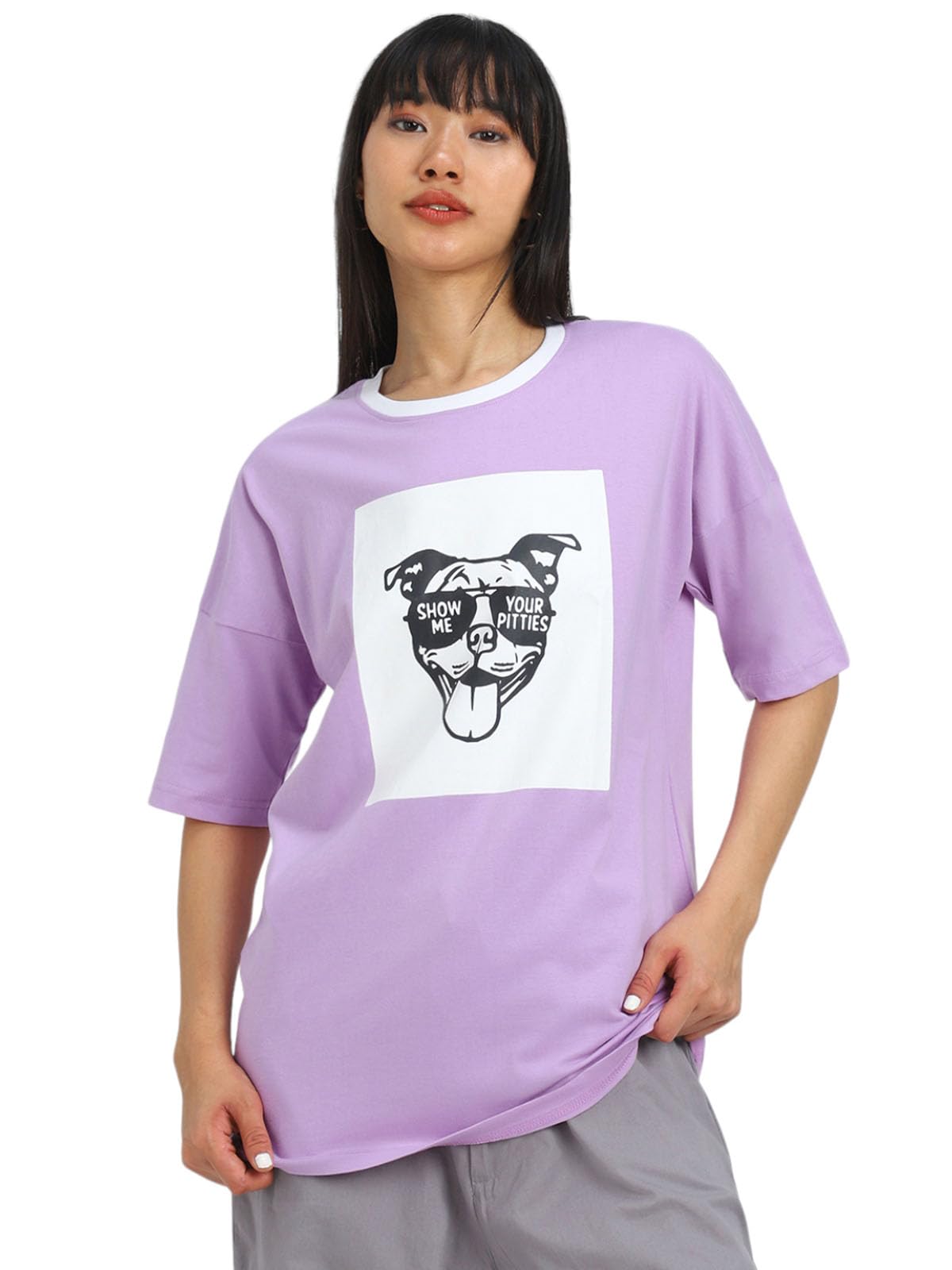 Juneberry Oversize Loose Relaxed Fit Drop Shoulder Round Neck Half Sleeve Lilac Graphic Printed Boyfriend T-Shirt For Women & Gi