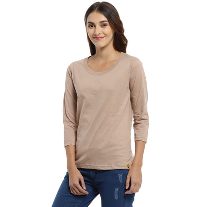 Campus Sutra Womens Solid Beige Crew Neck Long Sleeve Regular Fit Top for Casual Wear |Structured Top Crafted with Comfort Fit