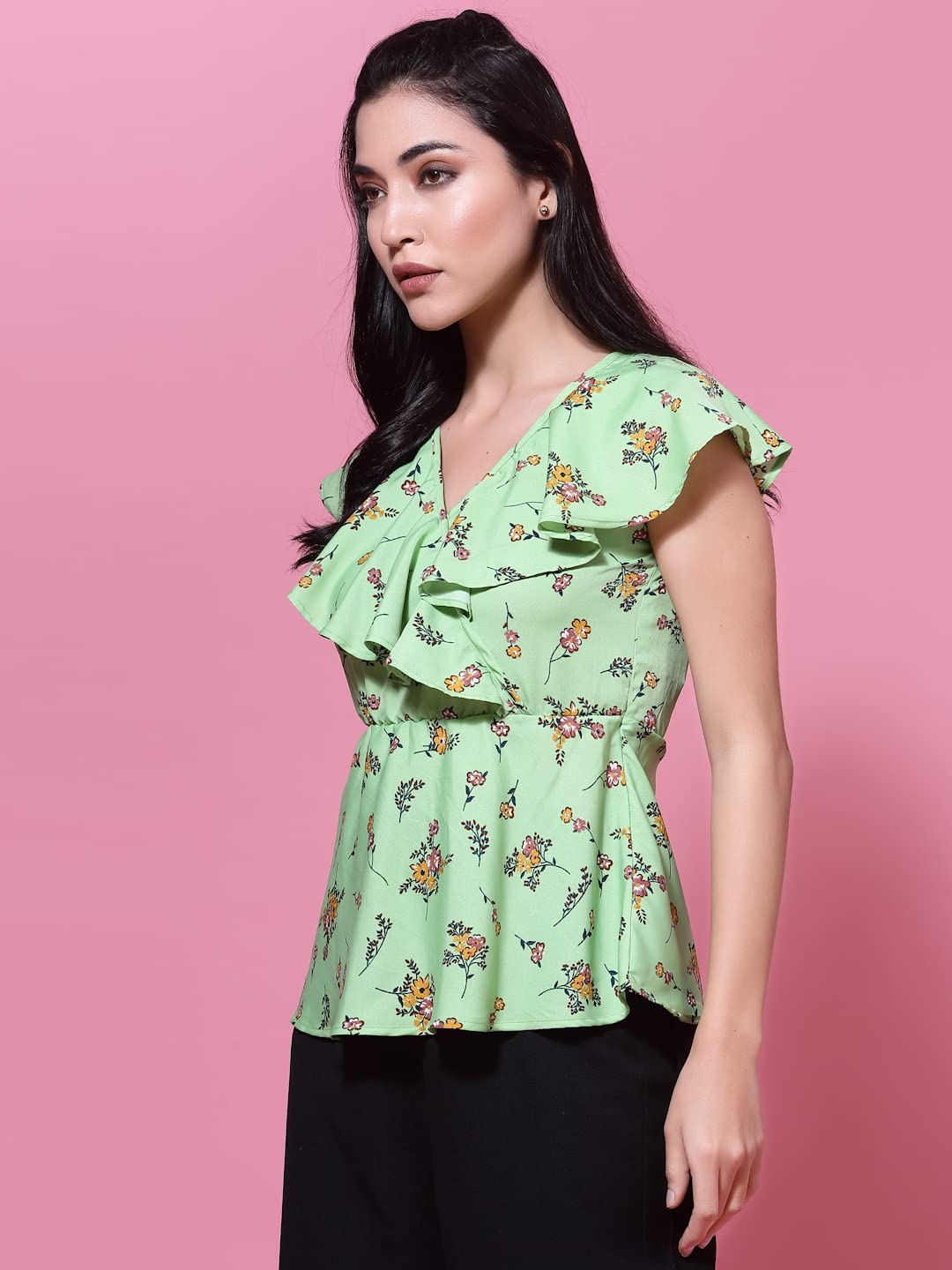 OOMPH! Womens Crepe Printed top with V-Neck and Ruffle Sleeve