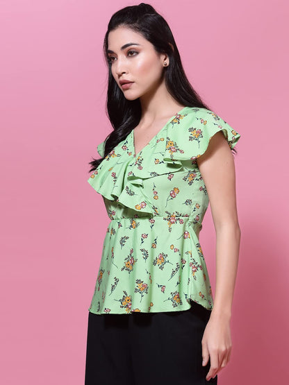 OOMPH! Womens Crepe Printed top with V-Neck and Ruffle Sleeve