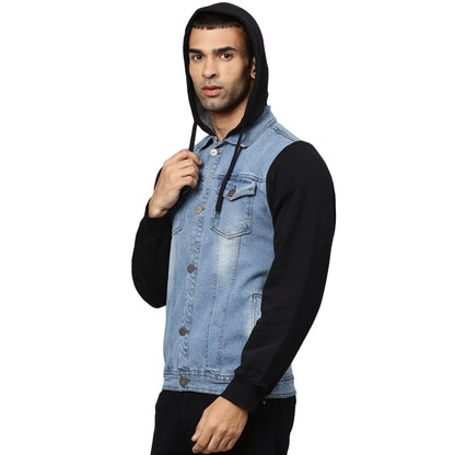 Campus Sutra Mens Medium-Washed Denim Classic Collar Single Breasted with Sweatshirt Sleeves and Hoodie Lined Distressed Denim