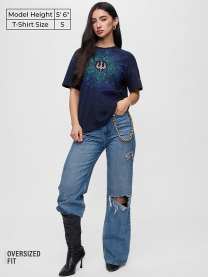The Souled Store Trident Women and Girls Short Sleeves Round Neck Blue Embroidered Cotton Oversized T-Shirts