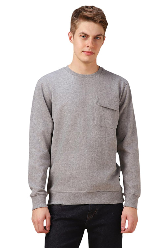 Dennis Lingo Men Grey Solid Cotton Slim Fit Full Sleeve Sweatshirt