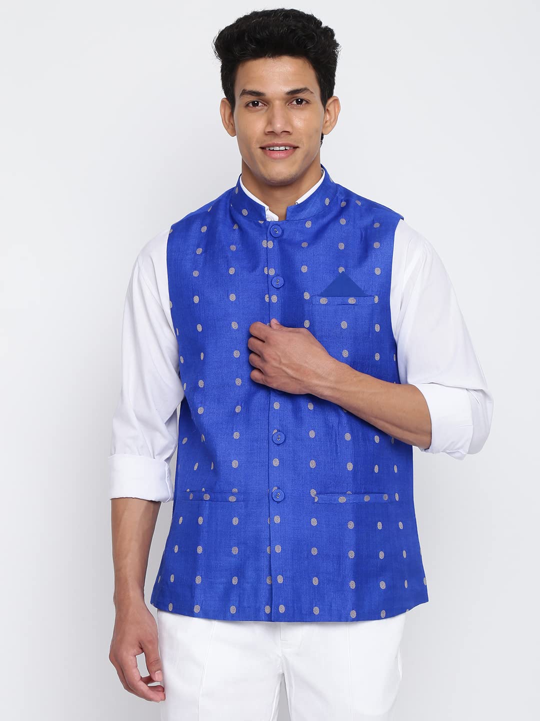 Fabindia Men Silk Blend Dobby Nehru Jacket Blue_XS