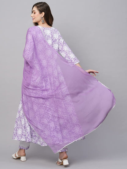 GoSriKi Women's Cotton Blend Anarkali Printed Kurta with Pant & Dupatta (AMIG-Purple-GS)