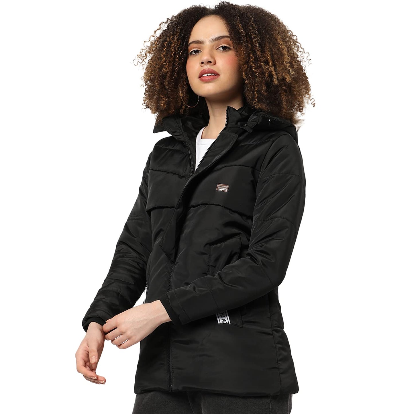 Campus Sutra Women Black Hooded Puffer Regular Fit Bomber Jacket For Winter Wear | Standing Collar | Full Sleeve | Zipper | Casu