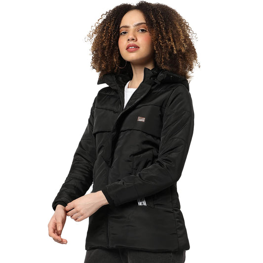Campus Sutra Women Black Hooded Puffer Regular Fit Bomber Jacket For Winter Wear | Standing Collar | Full Sleeve | Zipper | Casu