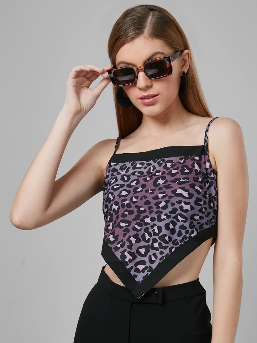 Style Quotient Women Purple and Multi Animal Printed Polyester Crop Smart Casual Handkerchief Top