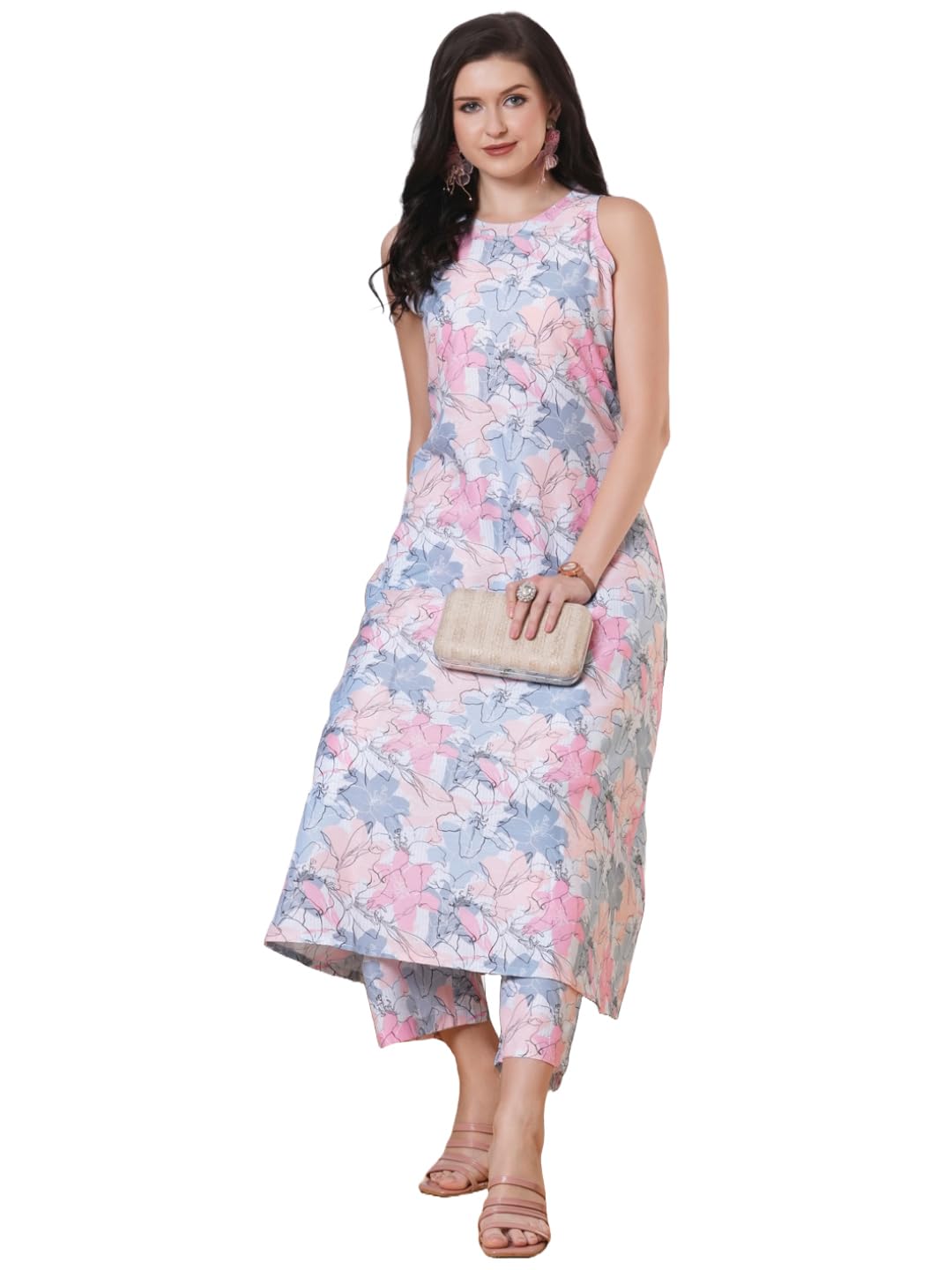 ANNI DESIGNER Women s Kurta Viscose Dress with Anarkali Printed Pants, grey, XL