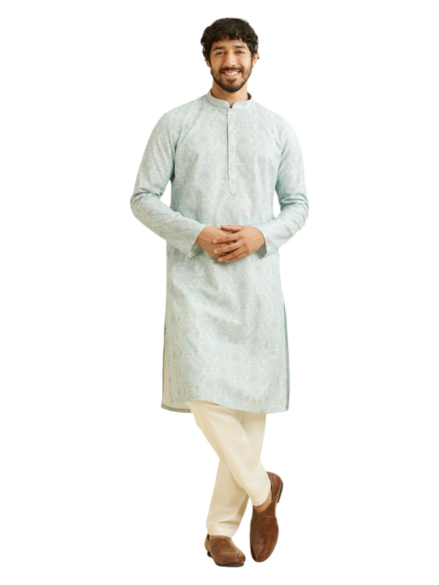 Manyavar MenS Cotton Blend Chikankari Sequined Kurta Pyjama Set (Green,M)