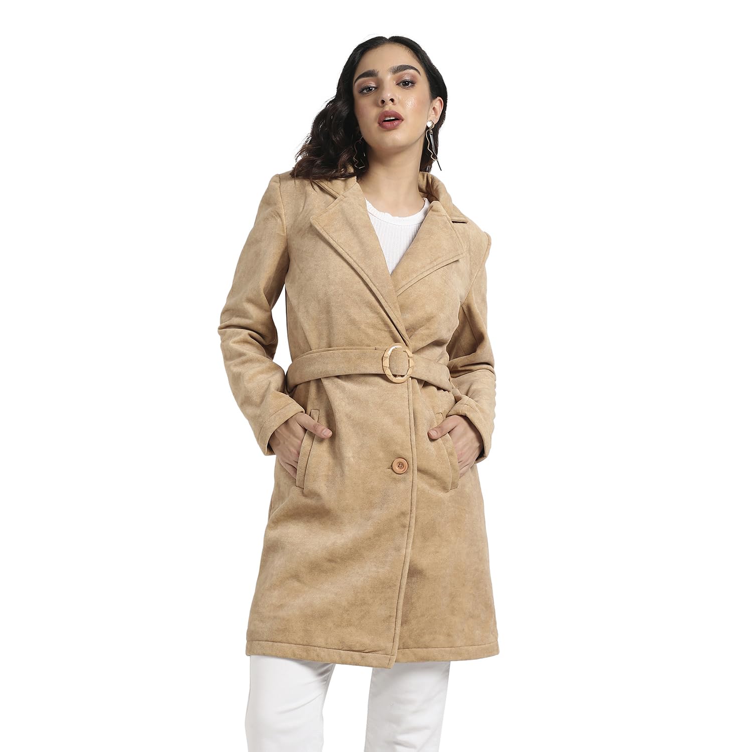 Campus Sutra Womens Beige Single-Breasted Long Coat with Belted Waist for Casual Wear | Lapel Collar | Long Sleeve | Button Clo